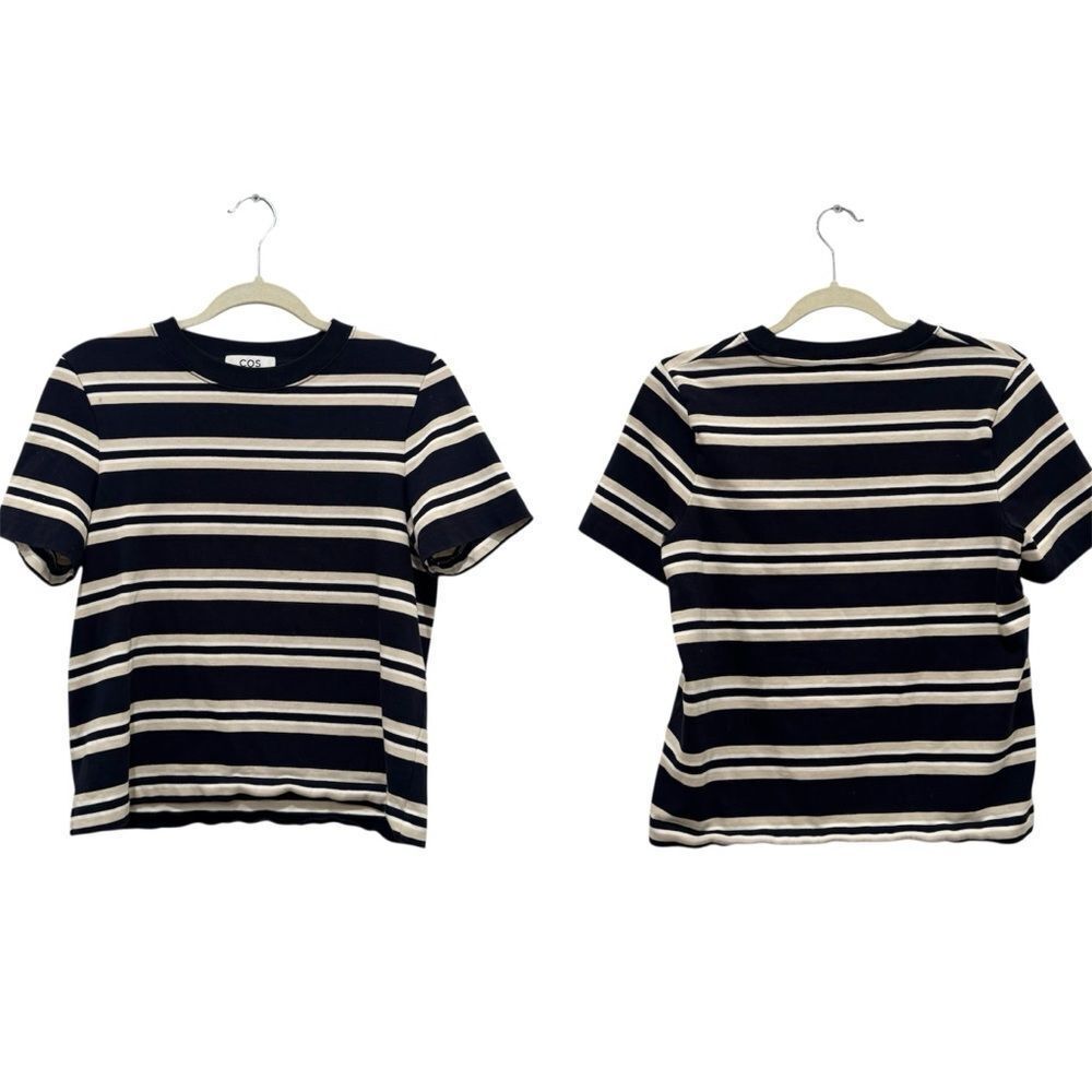 NEW COS CLEAN CUT REGULAR T-SHIRT in Beige/navy stripe - Picture 9 of 9